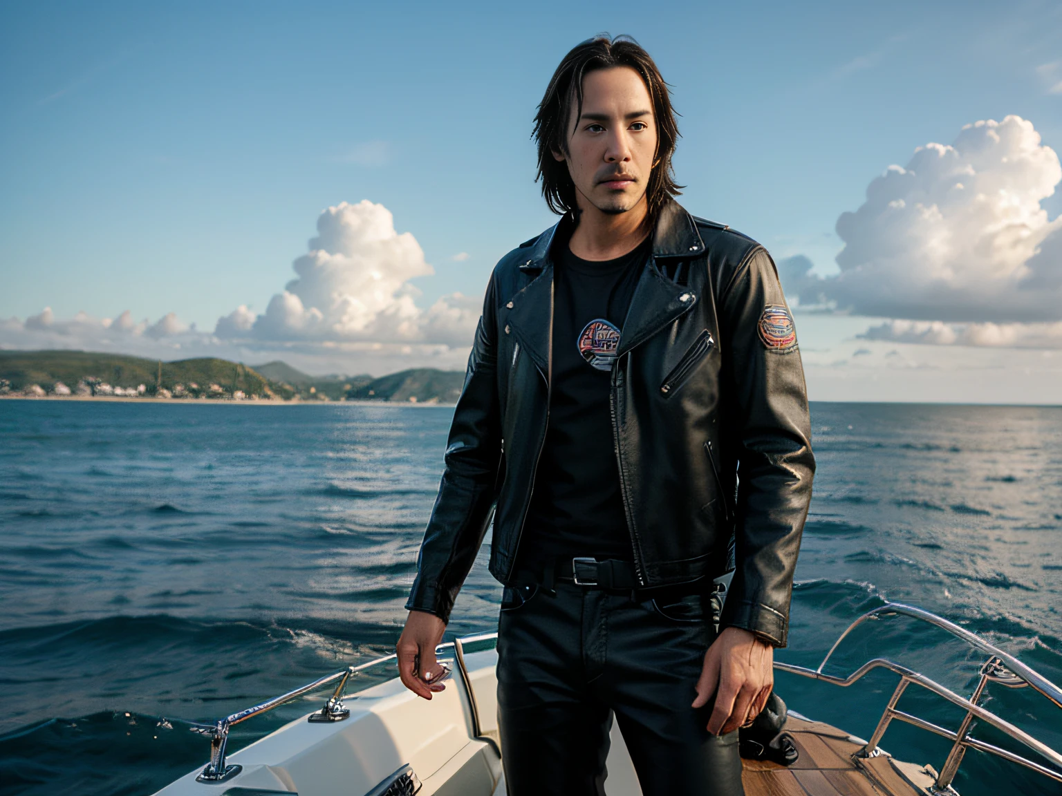 ager Keanu Reeves, leather jacket, on the sea, Digital Art, Maximum Quality