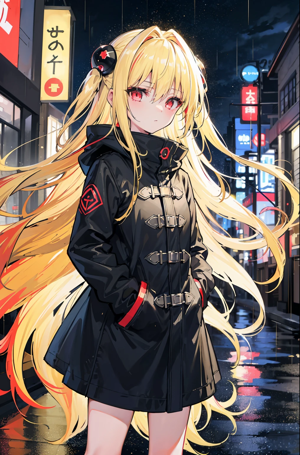 1girl, Night City, rain, coat, hands in pockets, master piece, top-quality, ultra-detailliert,  8K, yellow hair, yami, 1girl, long hair, solo, hair ornament, two side up, (((blonde hair))), ((red eyes)), hair ornament