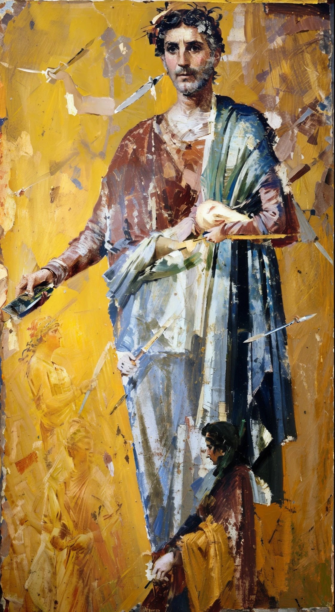 arafed painting of a man holding a knife and a knife in his hand, old greek goddess, fresco, ancient greek painting, dionysus, fresco painting, found in the ruins of pompeii, elderly greek goddess, byzantine painting, fayum portrait, rich detail, the greek goddess aphrotite, ancient roman painting, by Nicomachus of Thebes