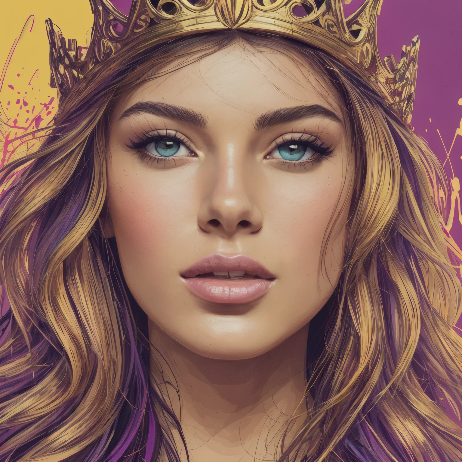 ((best quality)), ((masterpiece)), (detailed), perfect faceHighly detailed, High Quality, Masterpiece, beautiful, FISideRight, right side face angle, 1girl, solo, perfect face, abstract beauty, Create a digital art work in pop art style, luxury elegance bold with hint of feminine, happy & youthful, authentic, brave, princess wearing crown, (purple), (gold), centered, key visual, intricate, highly detailed, breathtaking beauty, precise lineart, vibrant, comprehensive cinematic, Carne Griffiths, Conrad Roset, vector art, Colorful graffiti illustration, (the most beautiful portrait in the world:1.5)