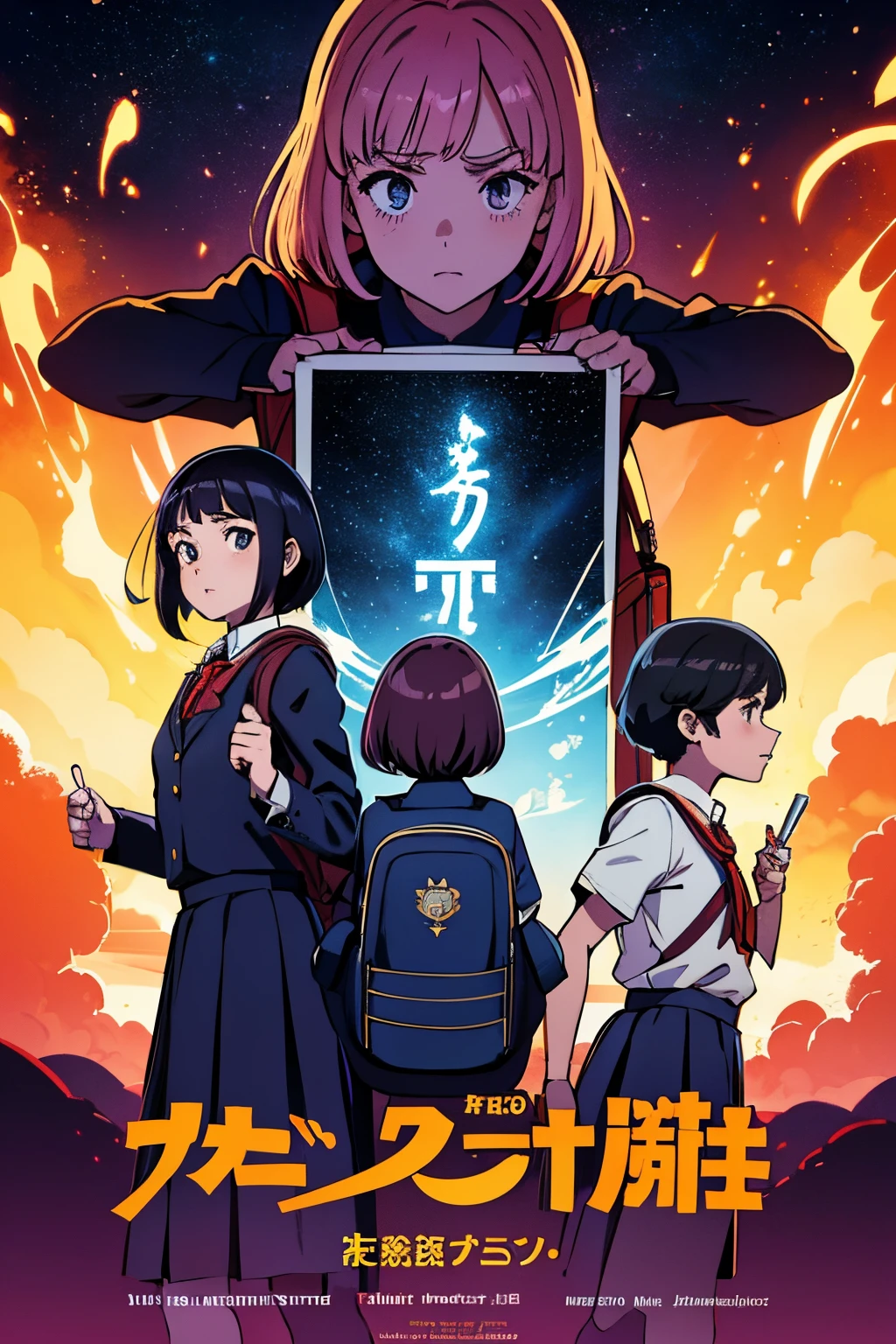 Beautiful and aseptic, master part, movie poster, melhor qualidade, drawing of 3 8 year old children with school clothes and backpack, dramatic pose, elementos de terror, monstros e magia, estrelas, cores brilhantes, abstrair, Fantastic elements