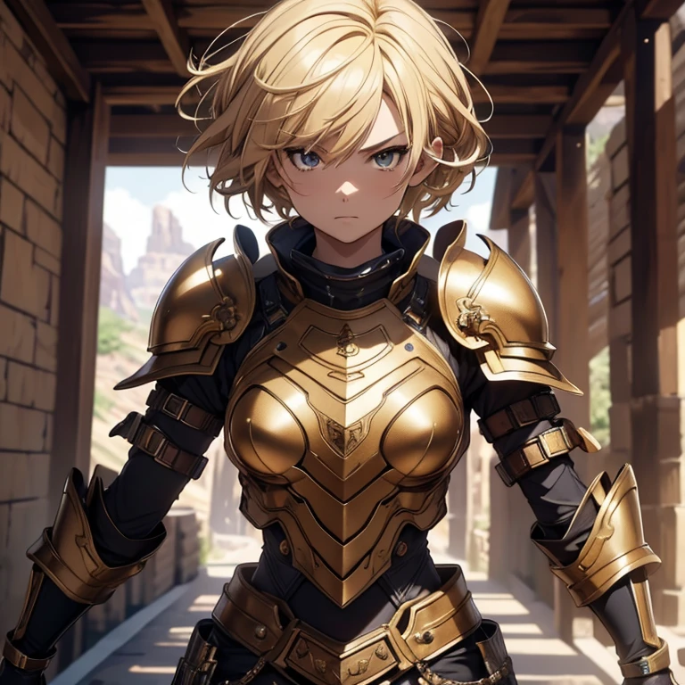 master piece, 8k, ultra detailed, anime, girl, short hair, blonde hair, honey colored eyes, serious and courageous face, black obsidian armor, punching position, Gran Canyon scenario.