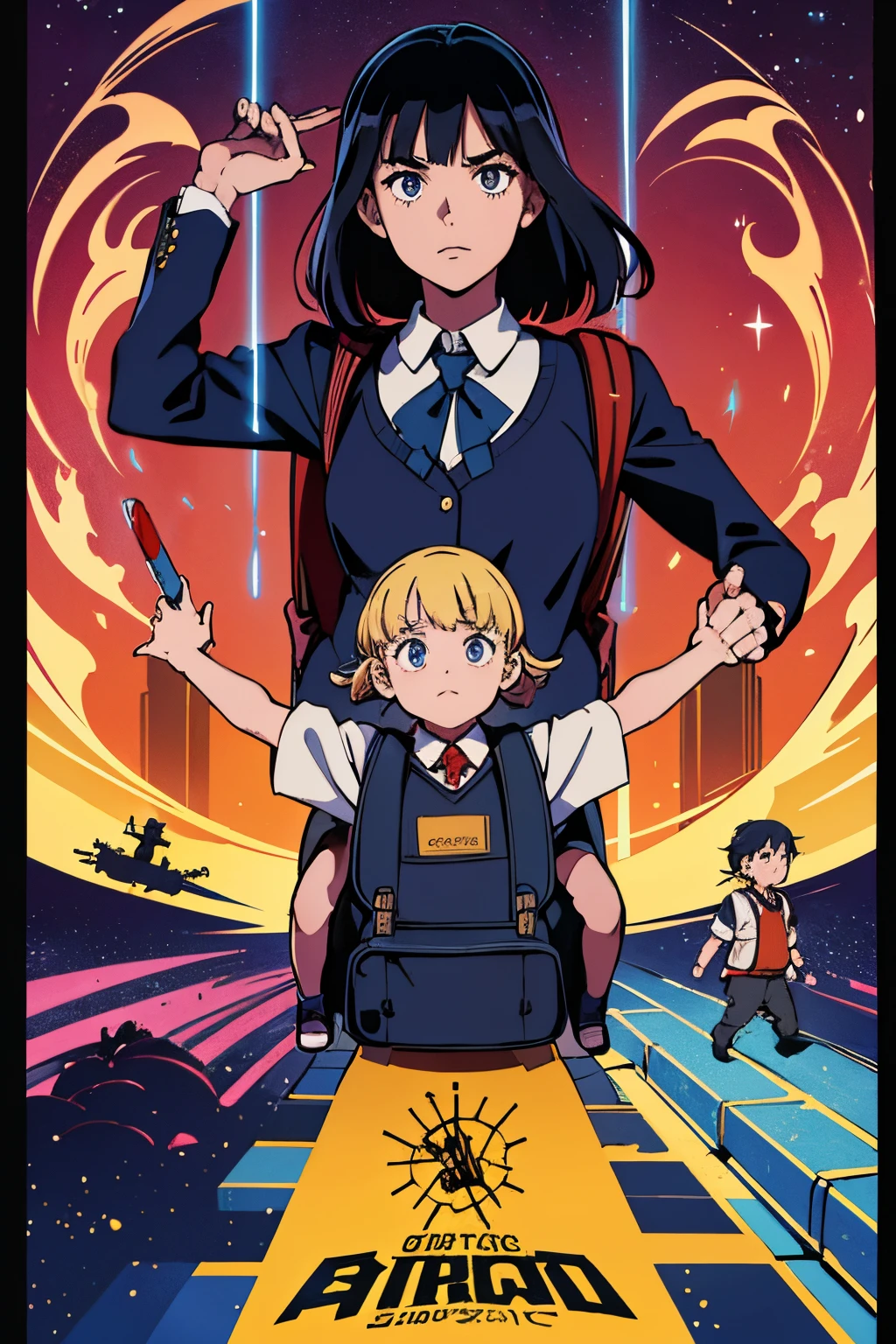 Beautiful and aseptic, master part, movie poster, melhor qualidade, drawing of 3 8 year old children with school clothes and backpack, dramatic pose, elementos de terror, monstros e magia, estrelas, cores foscas e sinistras, abstrair, por estilo james jean, Fantastic elements