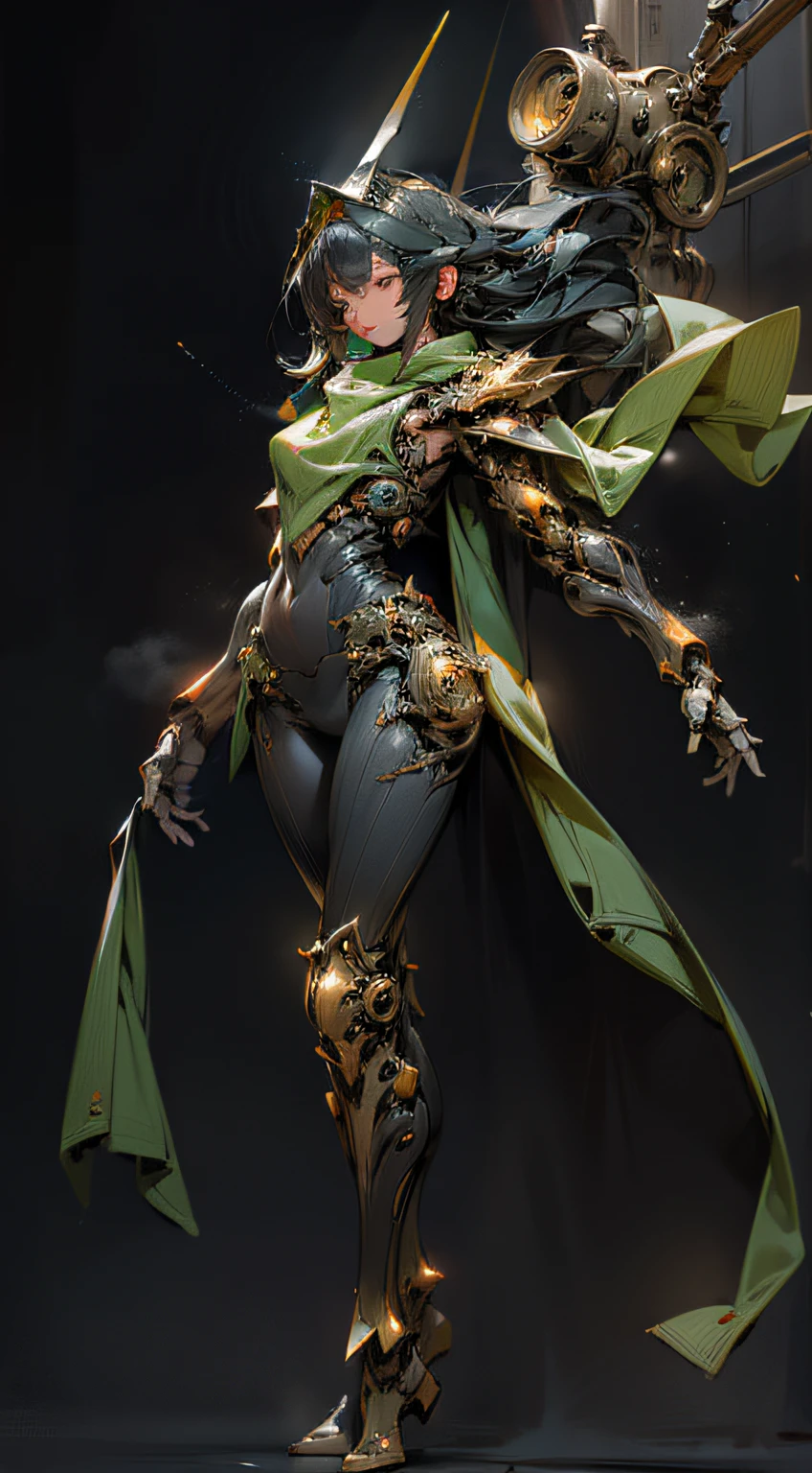 (realistic:1.2), masterpiece, Cinematic lighting, Biomechanical goddess, dynamic pose, head and torso image, Long hair. Subtle smile. Black and orange military-style, protective outer plated layers cover most of her body, covering her body's inner mechanisms. Visible inner mechanisms on her body comprise pneumatic pistons, wires, and components, beneath the outer plating. Bright, glowing neon blue and green light emanates from the inner mechanisms. Biomechanical headdress. Holding a pair of futuristic pistols, reflex sights. Black background.