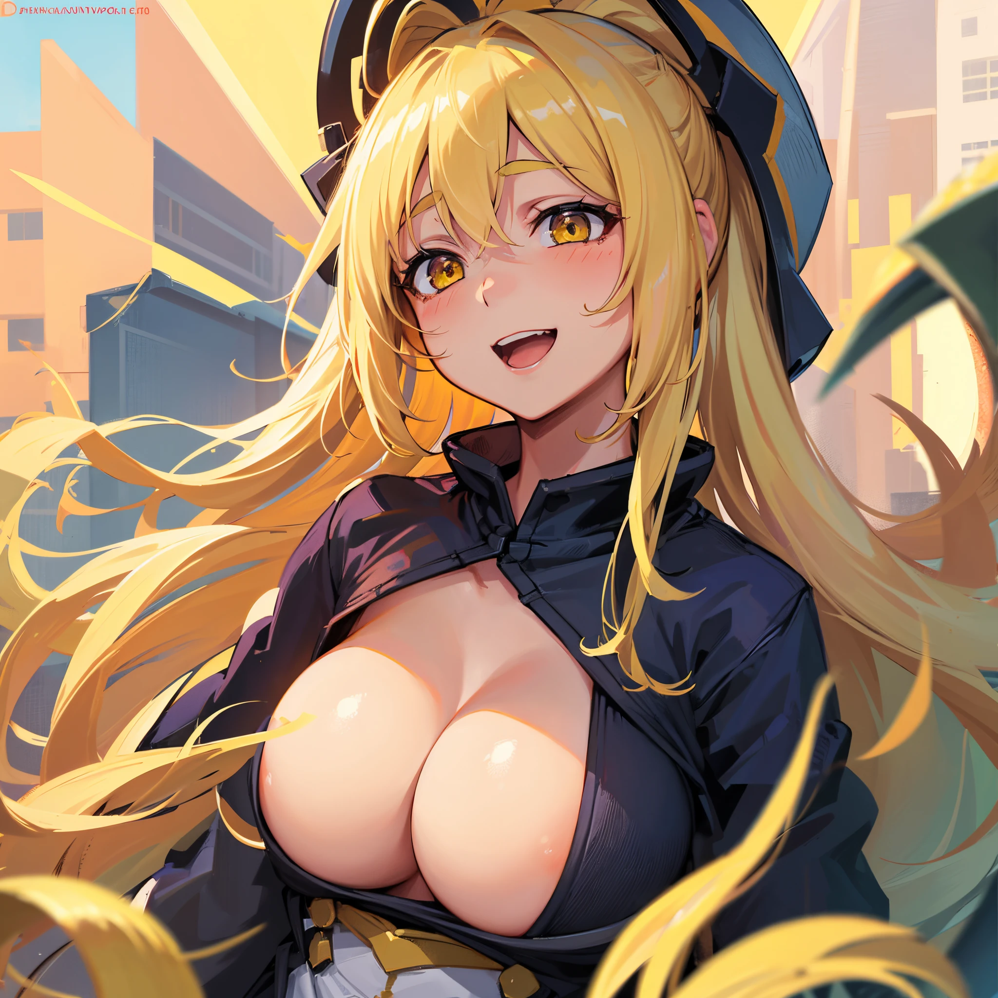 1girl, breasts, rating:safe, solo, cleavage, long_hair, blonde_hair, blush, large_breasts, upper_body, yellow_eyes, open_mouth, smile, looking_at_viewer, elboloves, (ponytail)