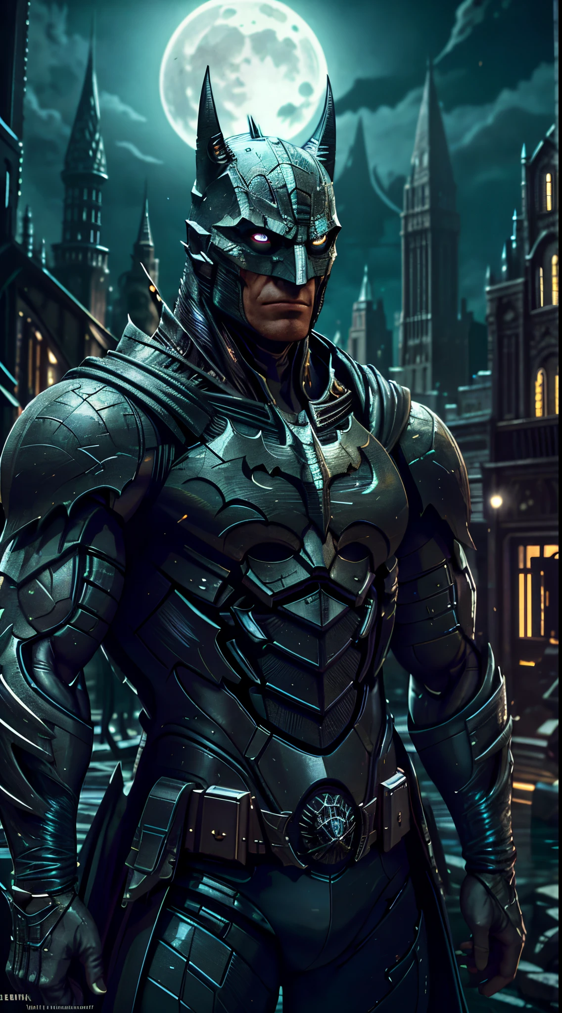 Batman from the dark knight stands imposing in a gothic lost city. Moonlight highlights your muscles and scars. The scenery  lush and mysterious, with futuristic tech and surroundings. The camera details everything, a warrior woman, in front of him.