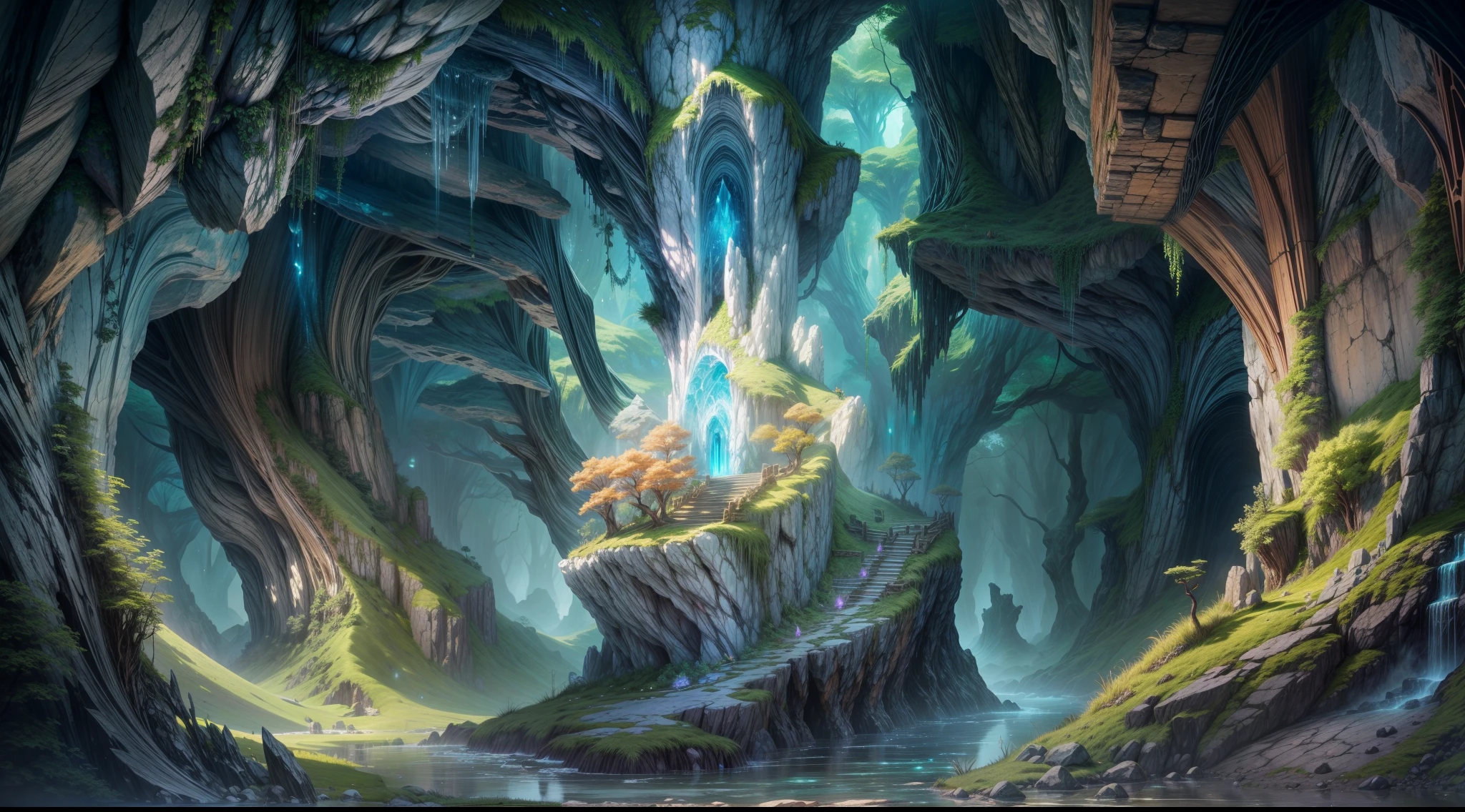 crystal cave has soft, etherealglow, At eye level, Scenic one, tmasterpiece.