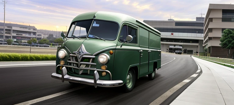 wight metallic 4x4 1950s Van-SUV in motion, fantasy, no logo, urban, 1950s (style), worm colors, a small building, High detailed, Color magic, Saturated colors, Color saturation, wrench_elven_arch, Mecha body, modelshoot style, photo r3al, c_car, greg rutkowski, car, yurayura_yuuura, f1ame, Epicrealism, dark background, Realism, 8K, HD,3D,epiC35mm,Epicrealism