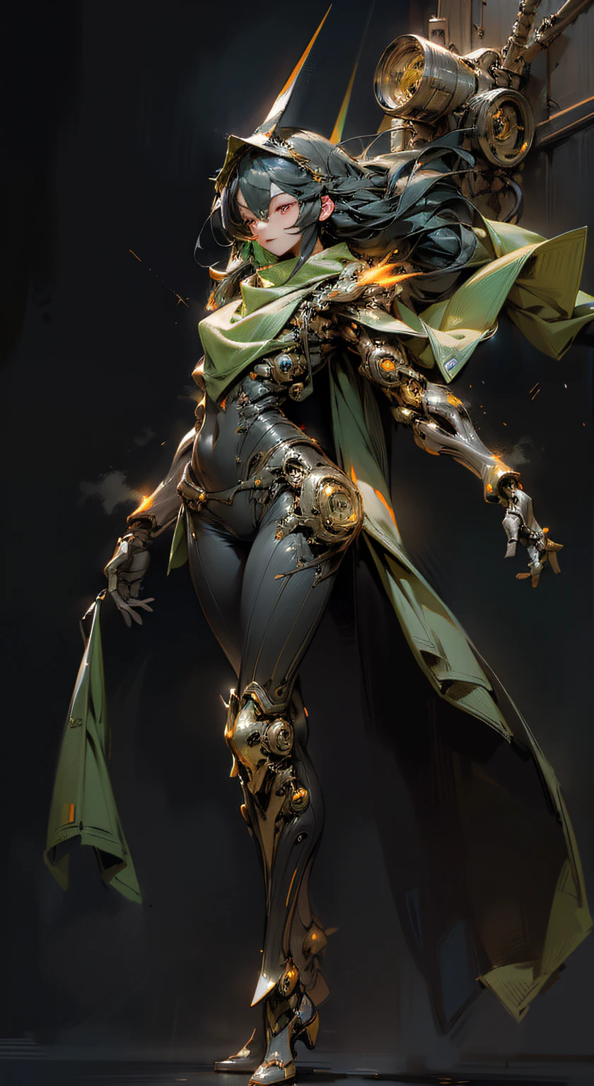 (realistic:1.2), masterpiece, Cinematic lighting, Biomechanical goddess, dynamic pose, head and torso image, Long hair. Subtle smile. Black and orange military-style, protective outer plated layers cover most of her body, covering her body's inner mechanisms. Visible inner mechanisms on her body comprise pneumatic pistons, wires, and components, beneath the outer plating. Bright, glowing neon blue and green light emanates from the inner mechanisms. Biomechanical headdress. Holding a pair of futuristic pistols, reflex sights. Black background.