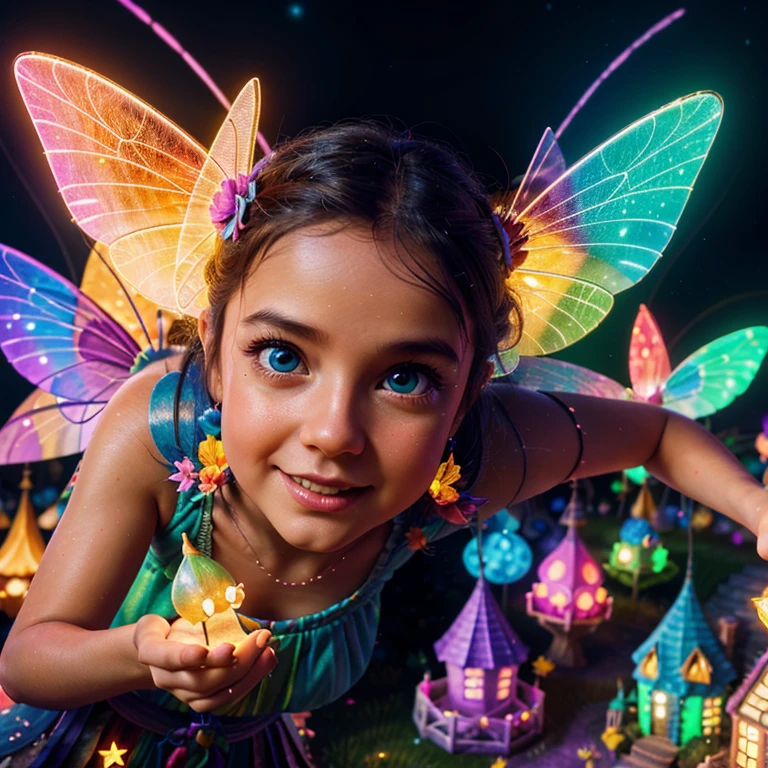 Main subject:A close up of a bunch flying fairies, in a Fairy Village. Details: Cute colorful, digital painting, cute detailed digital art, hyper colorful, neon coloring, cute digital art, beeple colors, colorful hd picure, beeple and jeremiah ketner, glowing lights! digital painting, cute 3 d render