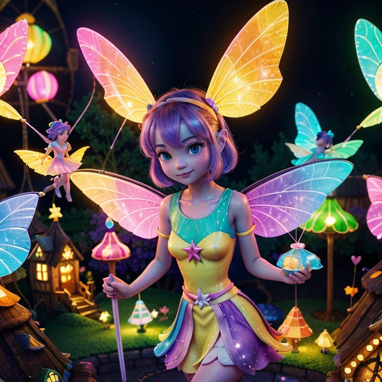 Main subject:A close up of a bunch flying fairies, in a Fairy Village. Details: Cute colorful, digital painting, cute detailed digital art, hyper colorful, neon coloring, cute digital art, beeple colors, colorful hd picure, beeple and jeremiah ketner, glowing lights! digital painting, cute 3 d render