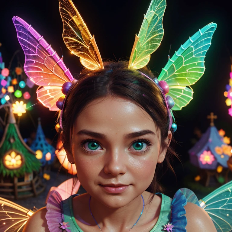 Main subject:A close up of a bunch flying fairies, in a Fairy Village. Details: Cute colorful, digital painting, cute detailed digital art, hyper colorful, neon coloring, cute digital art, beeple colors, colorful hd picure, beeple and jeremiah ketner, glowing lights! digital painting, cute 3 d render