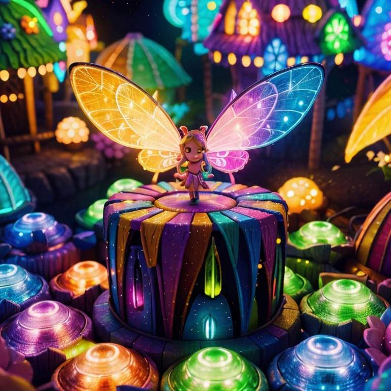 Main subject:A close up of a bunch flying fairies, in a Fairy Village. Details: Cute colorful, digital painting, cute detailed digital art, hyper colorful, neon coloring, cute digital art, beeple colors, colorful hd picure, beeple and jeremiah ketner, glowing lights! digital painting, cute 3 d render