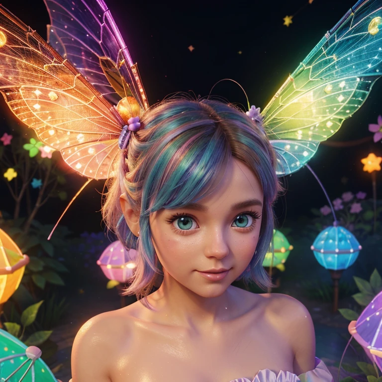 Main subject:A close up of a bunch flying fairies, in a Fairy Village. Details: Cute colorful, digital painting, cute detailed digital art, hyper colorful, neon coloring, cute digital art, beeple colors, colorful hd picure, beeple and jeremiah ketner, glowing lights! digital painting, cute 3 d render