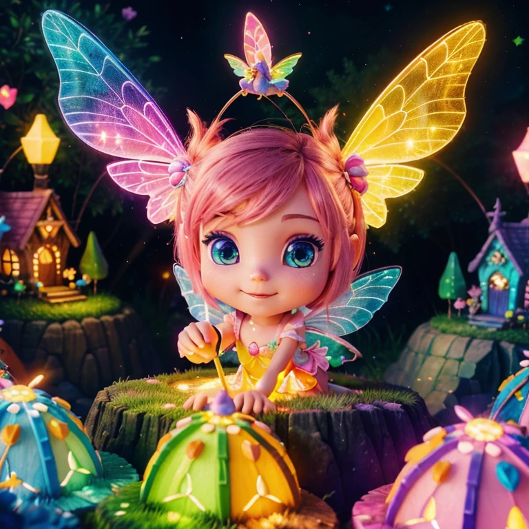 Main subject:A close up of a bunch flying fairies, in a Fairy Village. Details: Cute colorful, digital painting, cute detailed digital art, hyper colorful, neon coloring, cute digital art, beeple colors, colorful hd picure, beeple and jeremiah ketner, glowing lights! digital painting, cute 3 d render