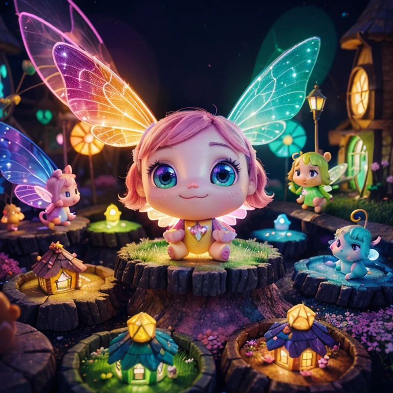 Main subject:A close up of a bunch flying fairies, in a Fairy Village. Details: Cute colorful, digital painting, cute detailed digital art, hyper colorful, neon coloring, cute digital art, beeple colors, colorful hd picure, beeple and jeremiah ketner, glowing lights! digital painting, cute 3 d render