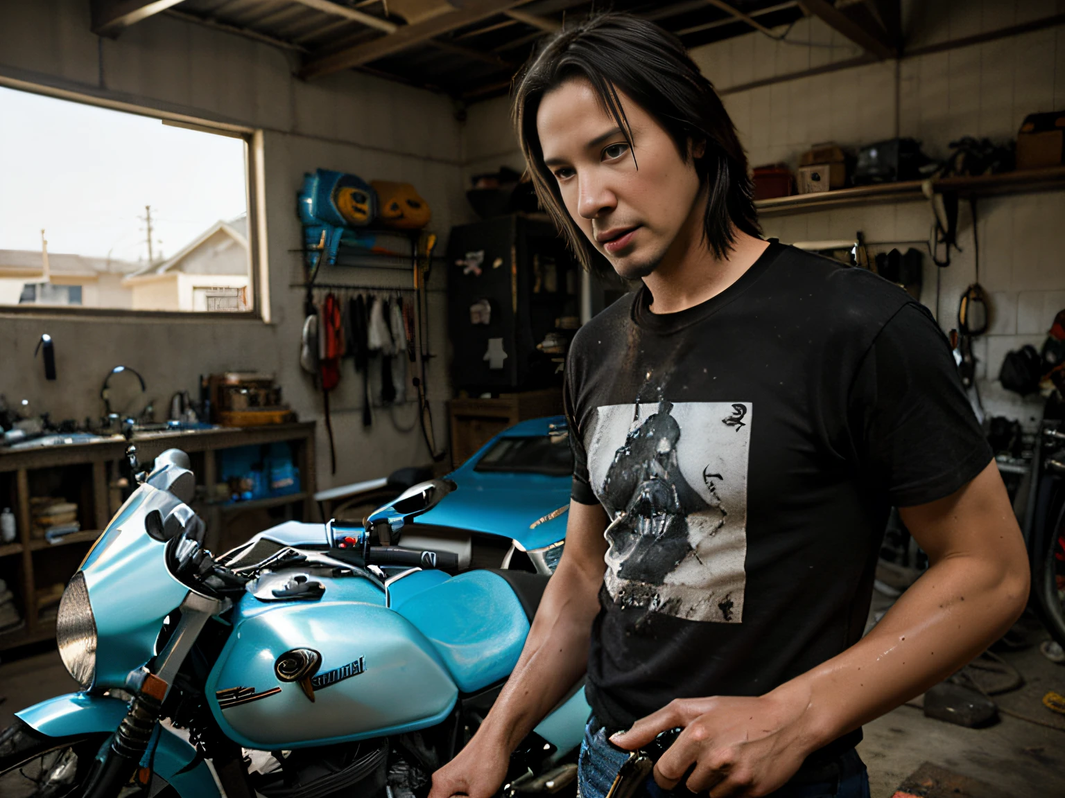 ager Keanu Reeves, in a T-shirt, dirty in oil, in the garage, bicycle repair, his attention is drawn to the story, profile photo, Digital Art, Maximum Quality