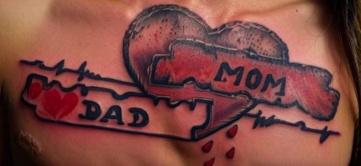 a brazilian woman with a tattoo of a heart with a broken piece of , a tattoo, traditional tattoo, traditional ink!, traditional ink, temporary tattoo, award winning tattoo, tatto, tattoo stencil, tattoo ink, heart emblem on chest, lsd tattoo design, whole tattoo, sad motif, more details, tatoo, added detail, inking on skin, tattoo