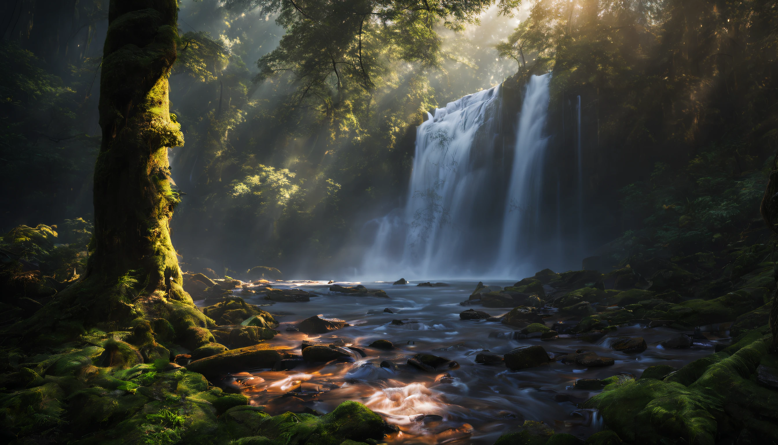 A beautiful photography of waterfall inside the forest, highly detail, realistic image, cinematic, landscape photography, natural lighting, long exposure.