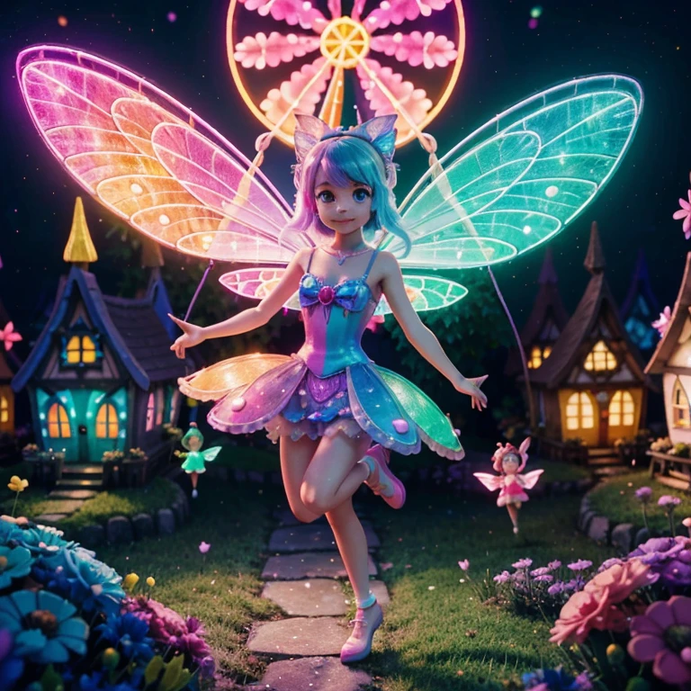 Main subject: A close up of a bunch full body flying fairies, in a Fairy Village. Details: Cute colorful, digital painting, cute detailed digital art, hyper colorful, neon coloring, cute digital art, beeple colors, colorful hd picure, beeple and jeremiah ketner, glowing lights! digital painting, cute 3 d render