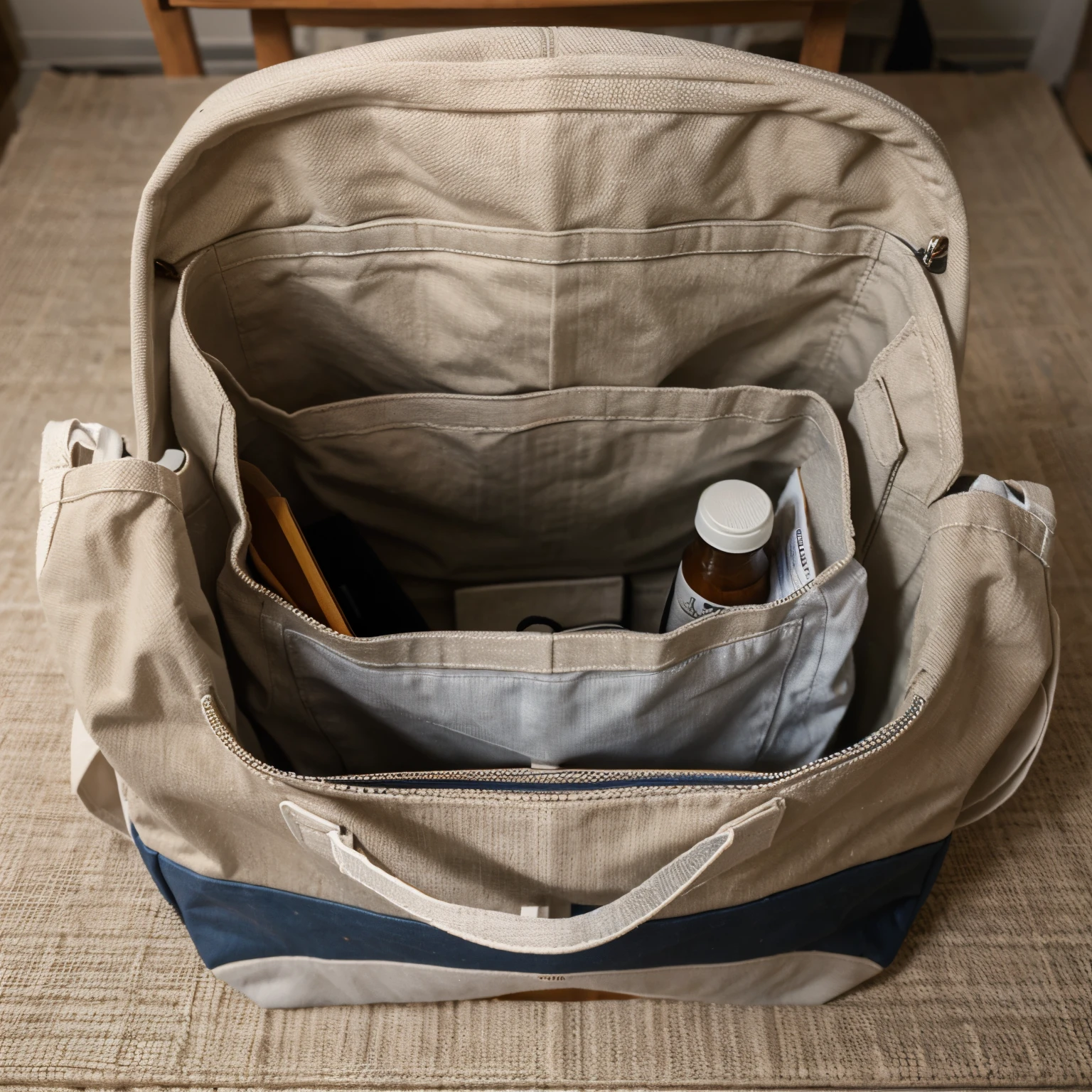 18x18 inch canvas tote bag, made out of canvas material, a view of the inside with a canvas material compartment dividing the bag in two.