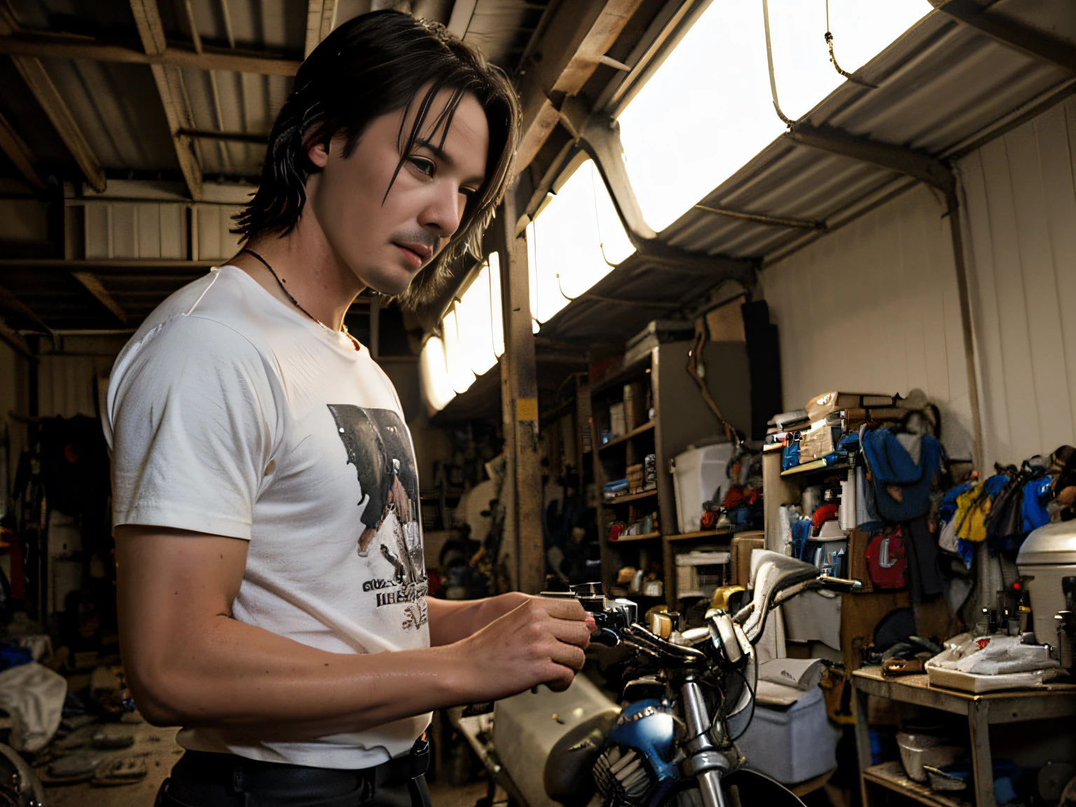 teenager Keanu Reeves, in a T-shirt, dirty in oil, in the garage, bicycle repair, his attention is drawn to the story, profile photo, Digital Art, Maximum Quality
