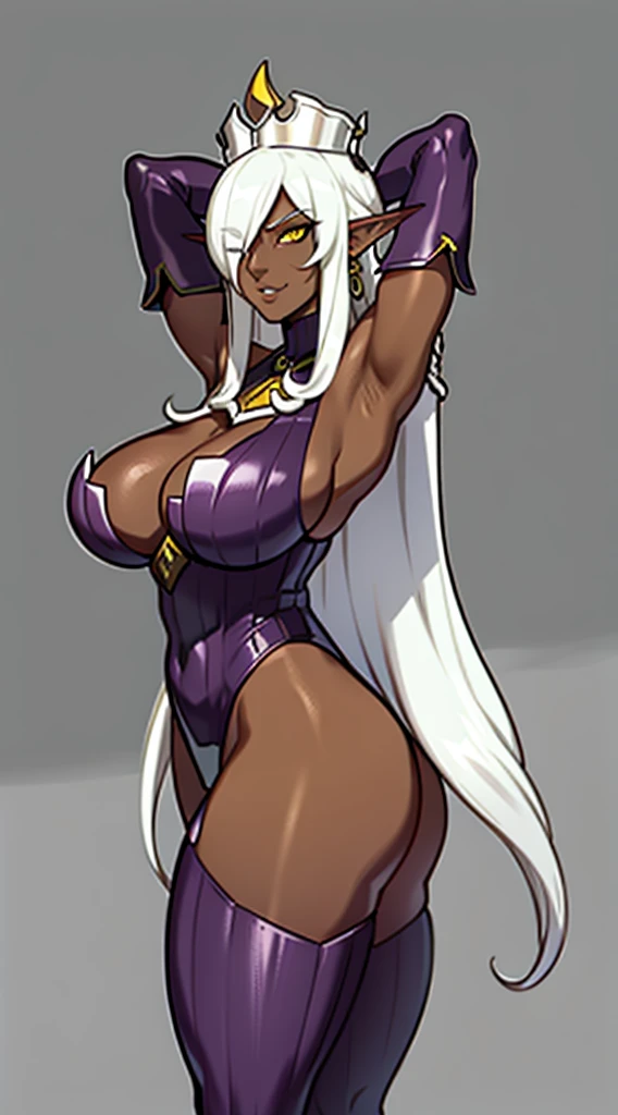 Thick muscular ebony skinned elf woman, mom type, white dreadlocks, dressed in sexy bdsm gear with a white fur lined cape. elf queen with crown from back view, detached sleeves, pointy ears, elbow gloves, dark skin, armpits, hair over one eye, arms up,( dark-skinned female:1.2), YELLOW eyes, white headwear, dark elf wet milk