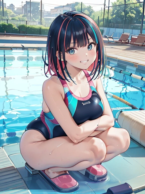 ((masterpiece、top-quality:1.5、a high chroma:1.5、ultra-detailliert、high-resolution illustrations:1.5、Ultra-high-definition CG、8k size wallpaper、offcial art))、((front view:1.8)),(1woman,),(cute face:1.5,cute eyes:1.5)、((face:1.5)),((close to viewer:1.8,face only:1.5)),
(grin:1.3)、(sexy body),((squatting:1.8)),,(competition swimsuit:1.5),(wet head, face, and body:1.3),(multicolored hair:1.5), (large breasts:1.5),(curvy:1.3)、(Portrait:1.8)
,(Shining aqua eyes:1.2),((Poolside:1.5)),(cowboy shot)、