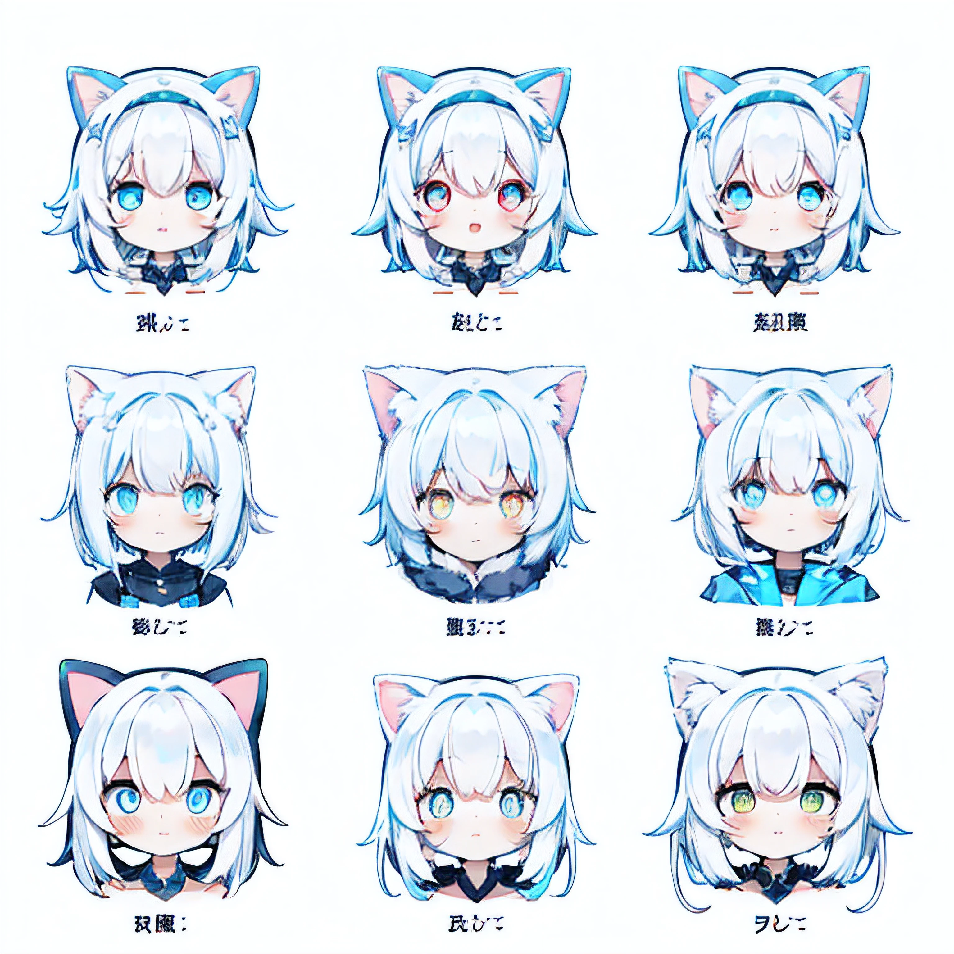 4k image,normal plot,All-white background,Very cute Q version girl with cat ears,Has fluffy white ears,White hair,Light blue pupils