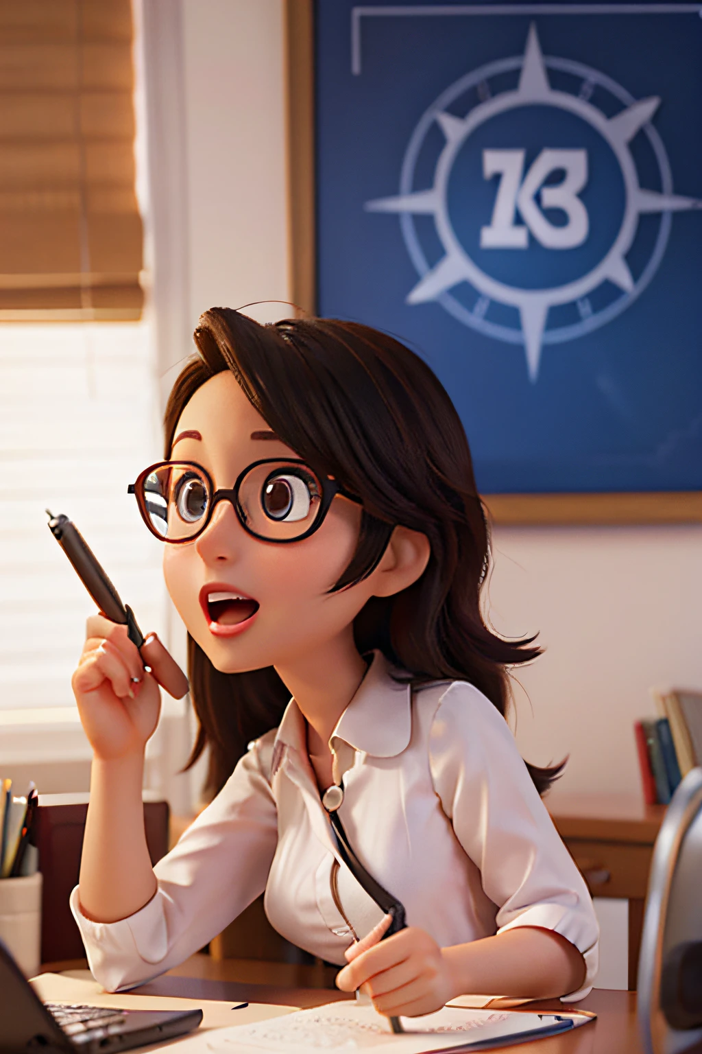 Disney Pixar style poster of an advertising man with glasses, cabelos pretos, in a lighted office. She's organizing her desk, com um telefone, An open agenda and multiple documents. Its expression is one of determination and efficiency, pronta para enfrentar as tarefas do dia.