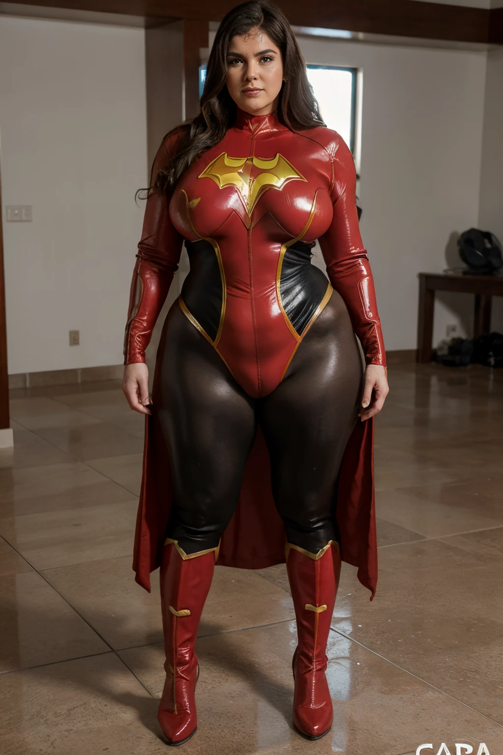 mature superheroine bbw , full body, posicion de superheroina, mojada, parada y piernas abiertas, cara perfecta