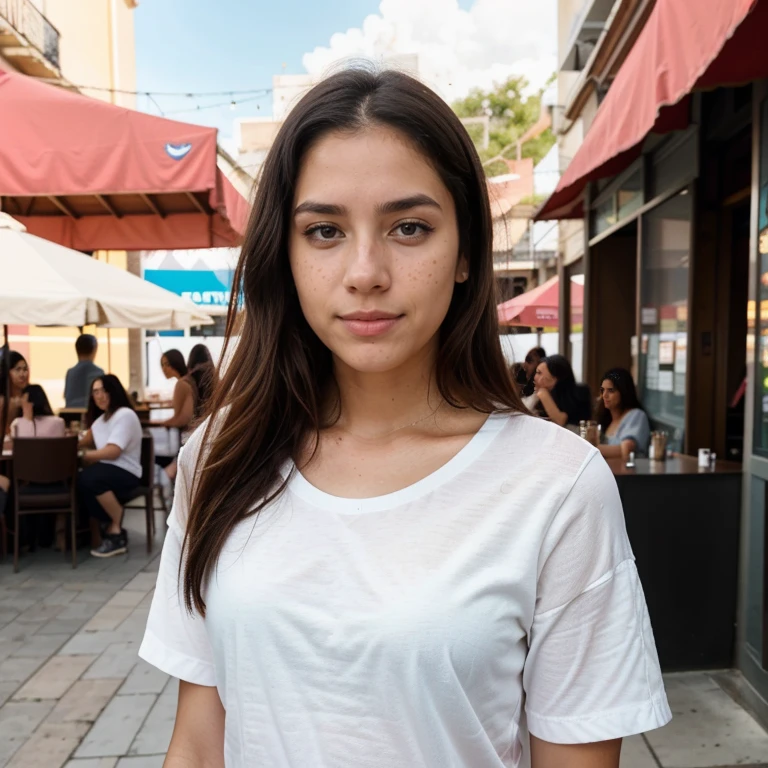 23-year-old hyper-realistic Latin girl with freckles, mood selfie for instagram, Ultra Definition, (photoreallistic: 1.4), 8k, calidad premier, fondos detallados, cara delicada, maquillaje natural, foto raw, iphone, HDR, Coqueteando con el espectador, en un restaurante al aire libre, tomando un capucino, sentada, con blusa escotada rosay falda negra, foto en primer plano, ciudad