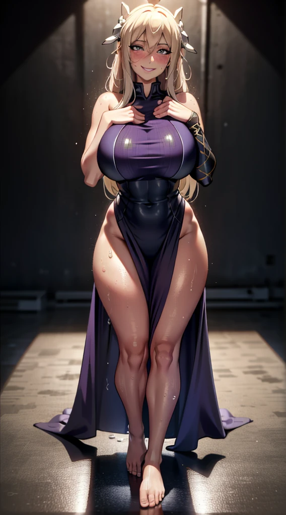 full body, barefoot, standing, Hyper detailed image, UHD, 16k, professional photo, (Realistic photo) girl Goddess of beauty, very straight ( panties showing ) smile, closed mouth and happy, looking at viewer, blush with sweat on her body, her wet body,