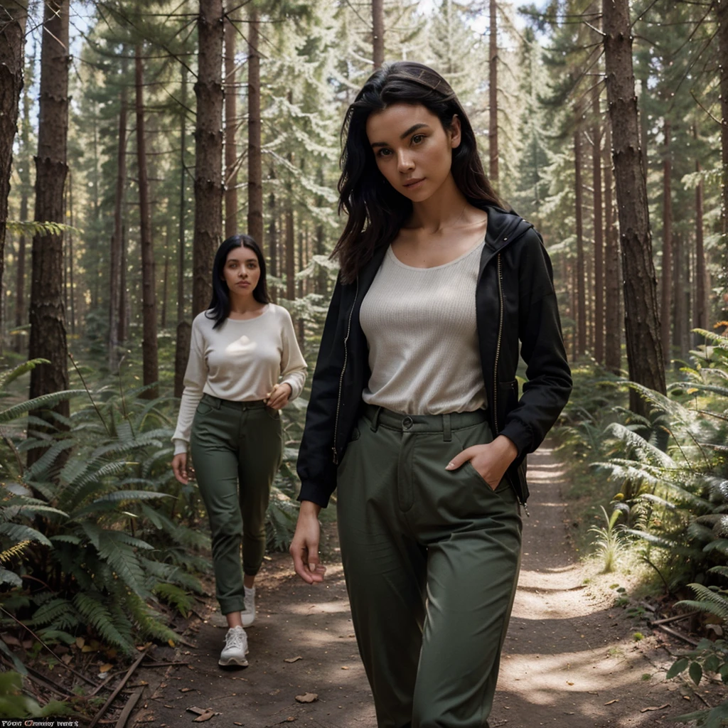 28 years Italian model, 8k, wearing con pantaloni da trecking, maglietta da trecking e gillet da trecking, beautiful half body, black hair, selfie iPhone 14, walking in the forest, imperfect skin, magnetic face, 8k, iper realism.