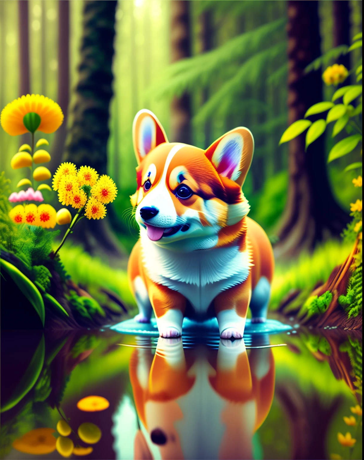 A cute corgi along in the forest by a river in spring