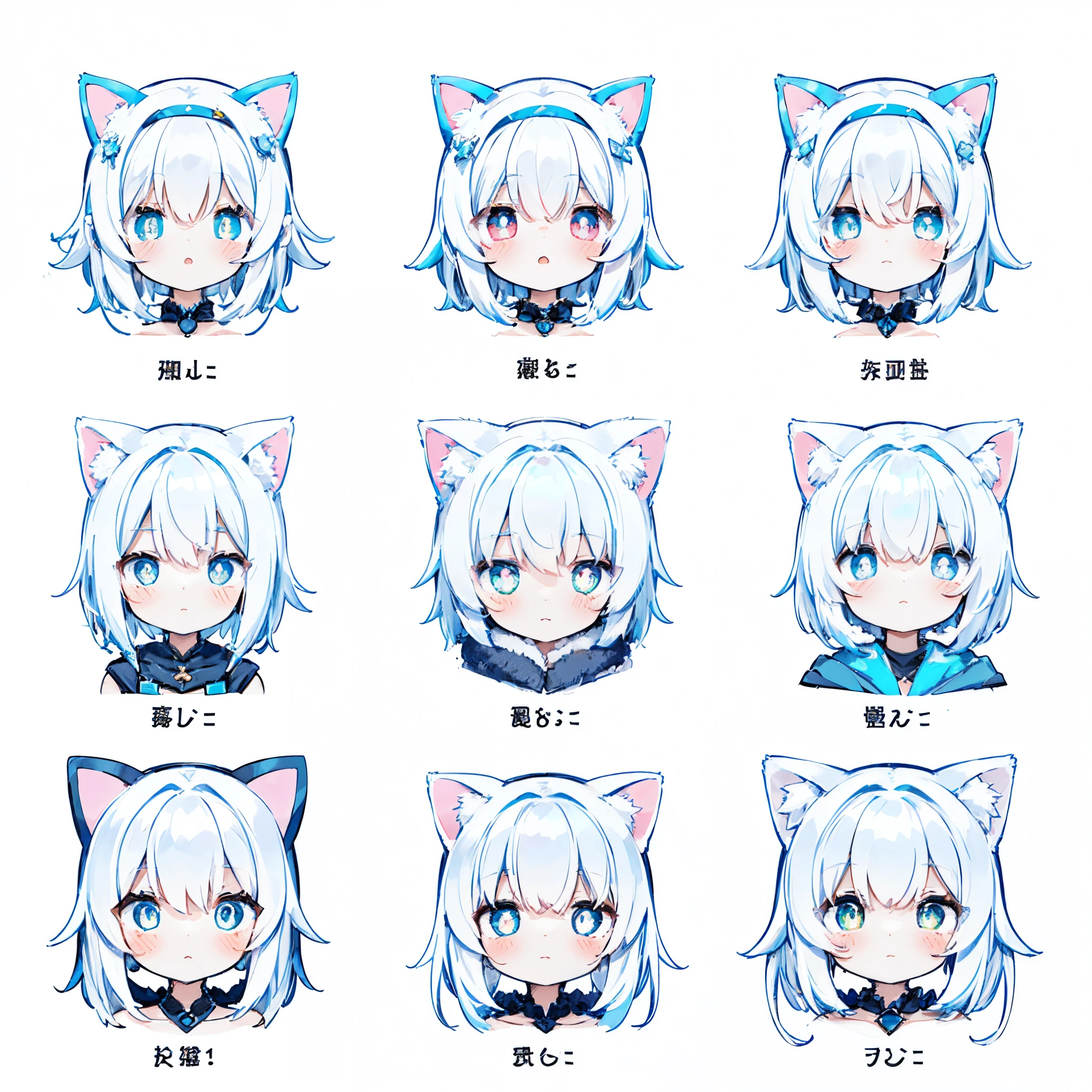 4K images,normal plot,All-white background,Very cute Q version girl with cat ears,Has fluffy white ears,White hair,Light blue pupils