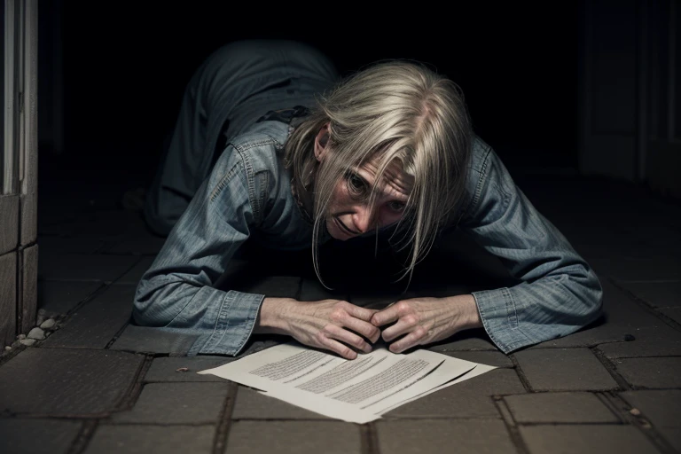 A tired old man holding an advertisement saying (((((1000 seguidores)))))! His expression of agony frozen on his pale face, Lying on the cobblestone floor, vemos a cena de cima, um vulto sutil em uma parte das vielas