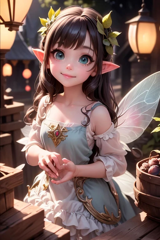 masterpiece, best quality, detailed eyes, a cute ((fairy)) smiling shopping at a market, (pointy ears), (fairy leafy dress), translucent fairy wings, green smokey eyes makeup, large ayelashes, fantasy magical village at nioght, night scene, magical lanterns, Cinematic Light, Ray tracing, Depth of field, light source contrast,