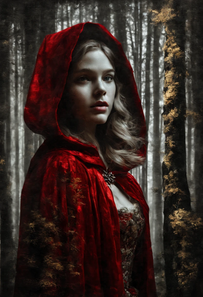 Double Exposure: portrait oil painting, of a ((transparent red riding hood with a double exposure forest in her face)), we see the double exposure on her face and the forest backdrop, elaborate red cloak, in renaissance attire forest backdrop, 3/4 profile view, sumptuous cloud fabrics, detailed embroidery, moody chiaroscuro lighting, high-resolution