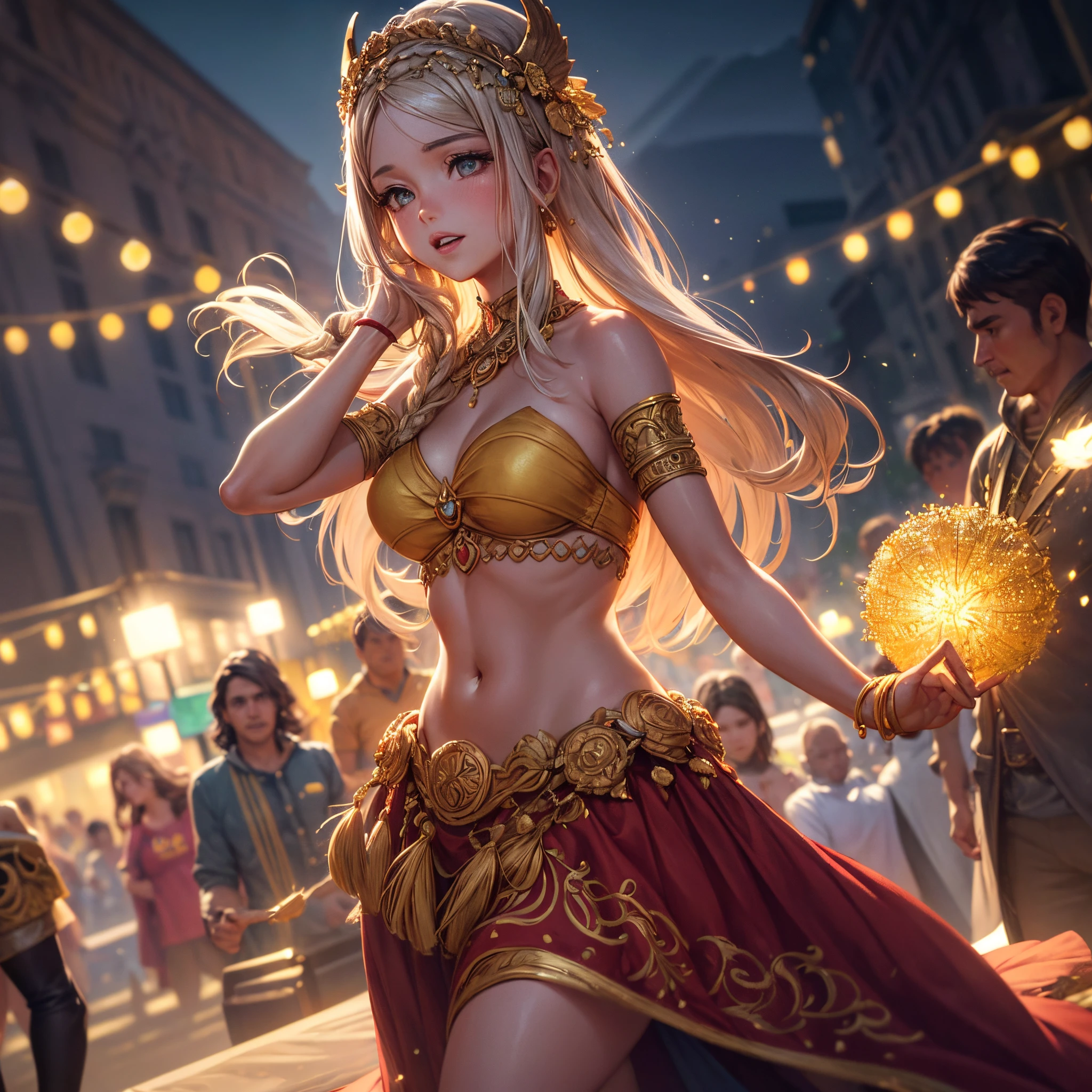 best quality, fotorrealista, 1girl, Woman,(dentadura da pele), Middle , (brilhante), (professional lighting, Bokeh), (rua), Povo, crowds, Braided bangloja:1.5), (Usado:0.8), gorgeous, florescer, cabelos flutuantes, (dynamic pose:0.6) , soft lighting,