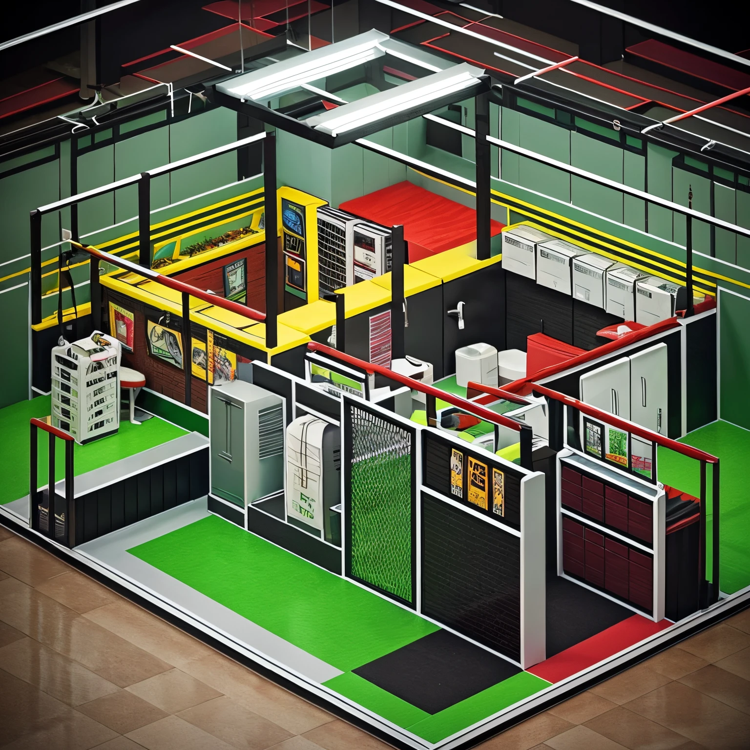 isometric art of a martial art gym.  add a octagon, punching bags, a jiu jitsu mat, a reception table, lockers and bathroom. Make it look cozy. Add decorations to the place, like plants and art walls. I want the illustration to be cute.