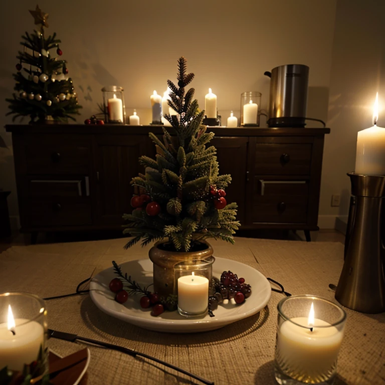 Uma mesa com vinho, candles and a Christmas tree in the background. Triste e abstrato