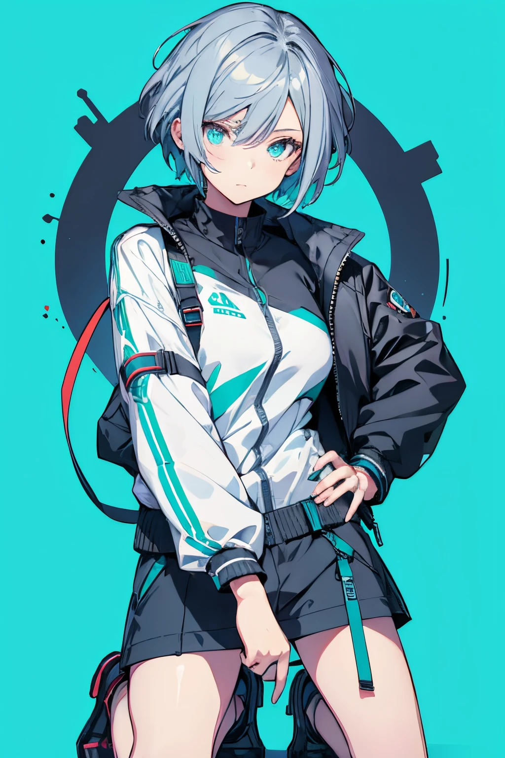 (masutepiece:1.2, Best Quality),  [1 girl in, expressioness, Turquoise eyes, gray hair, half short cut hair,White Jacket,jacket comes off, leaning forward hands on knees ,Upper body]