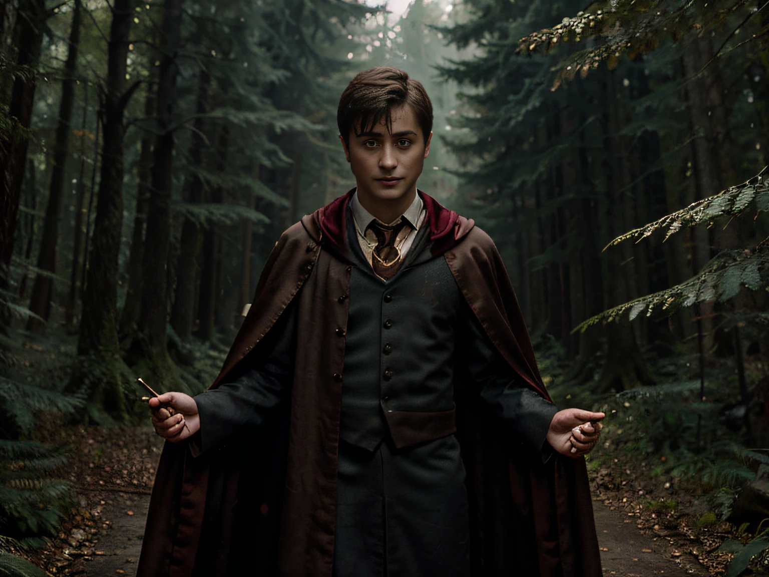 Daniel Radcliffe, in Hogwarts robes, in the sinister forest, art realistic high quality, cinema style, Charismatic character