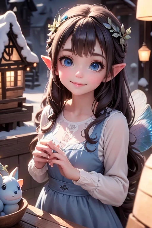 masterpiece, best quality, detailed eyes, a cute ((fairy)) smiling shopping at a market, (blue eyes), (pointy ears), (fairy leafy blue dress), translucent fairy wings, blue smokey eyes makeup), large ayelashes, fantasy magical snow village at night, winter village, night scene, magical lanterns, falling snow, Cinematic Light, Ray tracing, Depth of field, light source contrast,