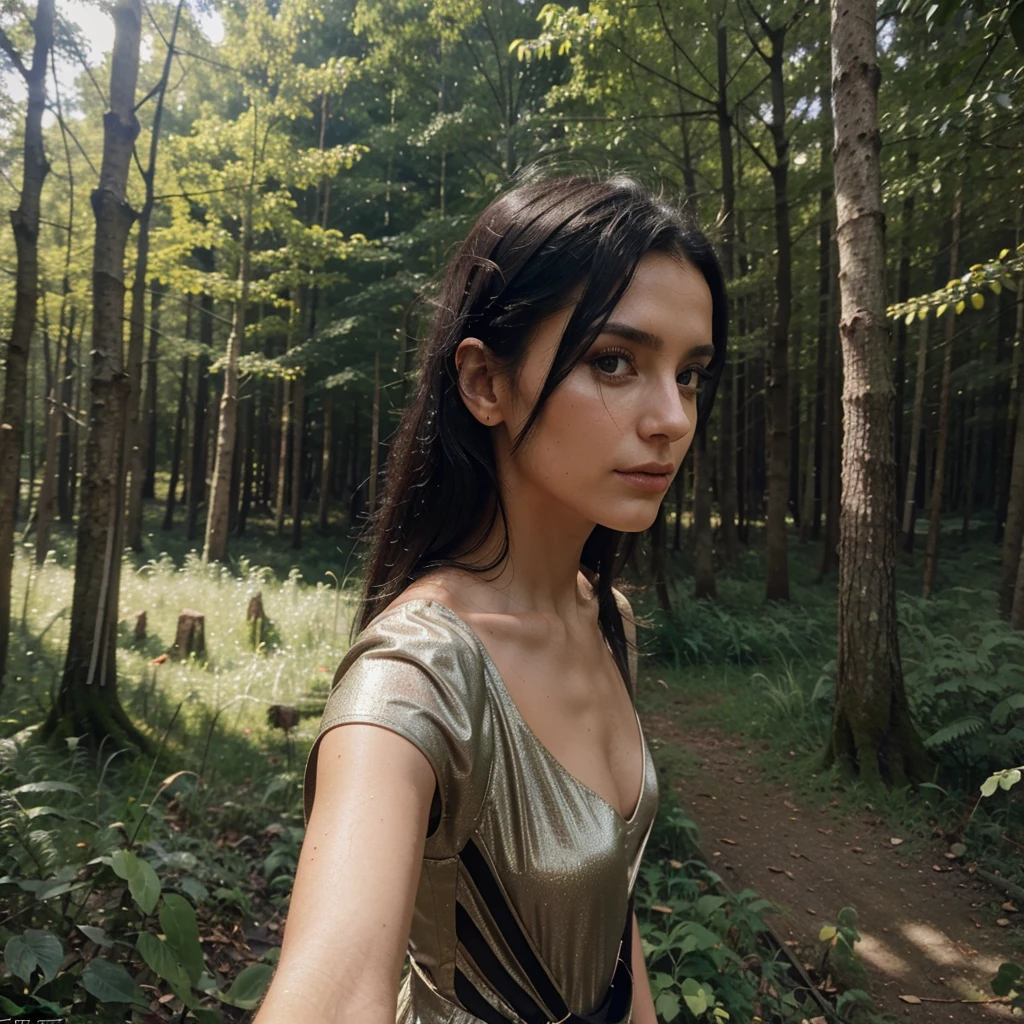 28 years Italian model, 8k, wearing tracking dress, beautiful half body, black hair, selfie iPhone 14, walking in the forest, imperfect skin, magnetic face, 8k, iper realism.