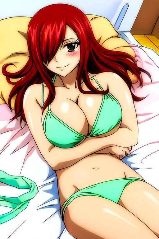 erza, 1girl, solo, long_hair, breasts, looking_at_viewer, blush, smile, large_breasts, brown_eyes, cleavage, collarbone, swimsuit, bikini, red_hair, hair_over_one_eye, sparkle, white_bikini, crossed_arms, breast_hold, lying in bed showing ass to the viewer, removing her underwear and bra.