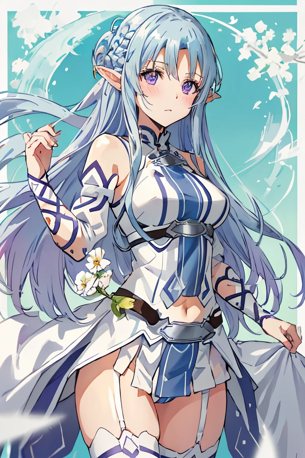 Asuna, white hair, white crown braid, purple ribbons in hair, white flower in hair, white lingerie, x hair ornament, purple eyes, long hair, medium breasts, fox ears, fox girl, 1girl, solo, 

(masterpiece:1.1), (best quality:1.1), (ultra-detailed:1.1), (illustration:1.1), medium breasts, lingerie, bra, panties, camel toe, lacy white lingerie, cleavage cutout, midriff, looking at viewer, cowboy shot, blushing