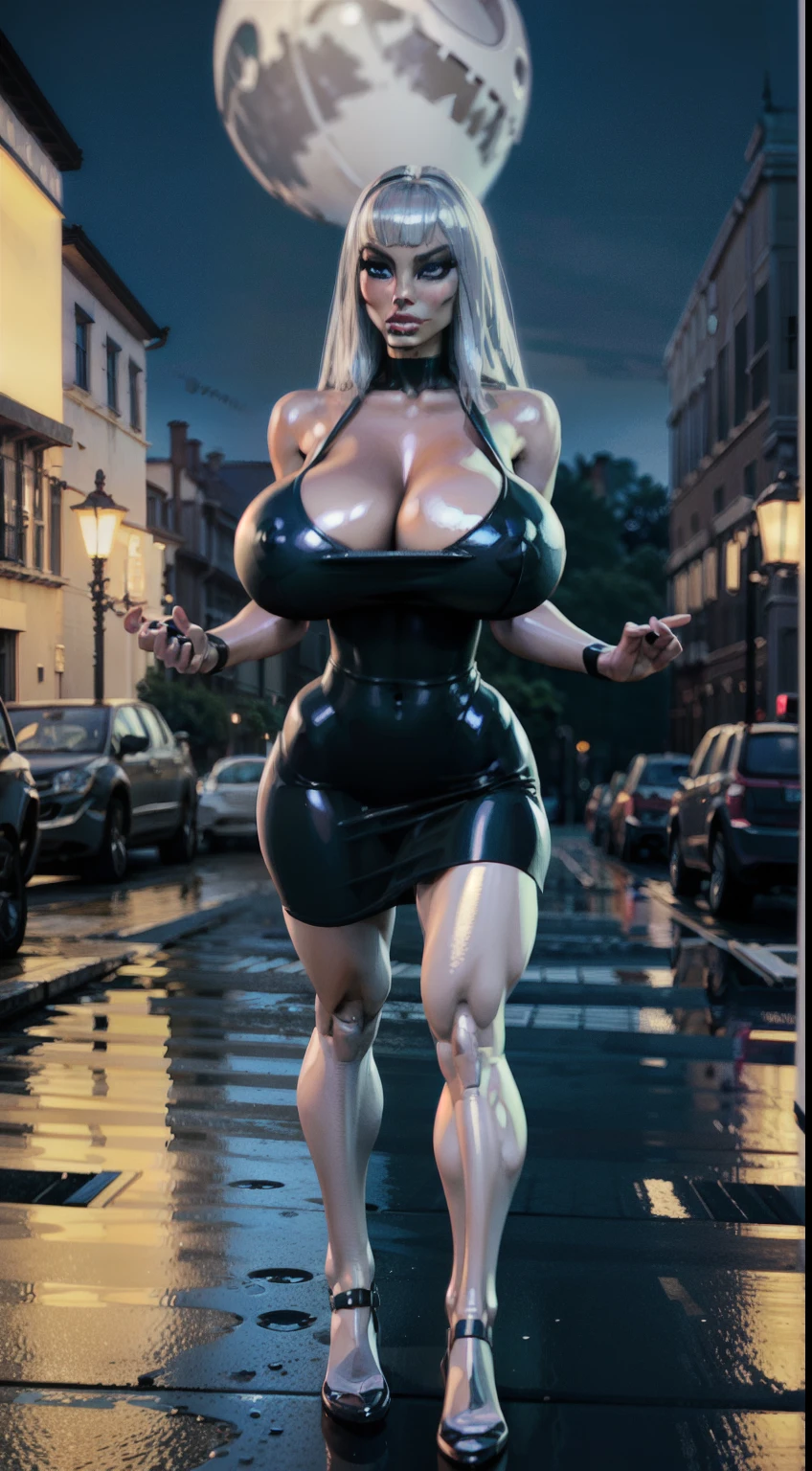 ((3D render:1.3))((Cowboy shot:1.4)) 1 Same Girl , Perfect Beautiful , robot Face ,(chrome skin:1.1), (silver arms, silver face, silver legs) ((android woman)),( metallic android , long Hair , Black Gothic Dress , Athletic Body , ((gigantic breasts:1.2)) ((metallic legs:1.2)), Extreme Detailed Portrait With Bokeh Effect , Realistic Lighting , Night Street View , Dark Vibe , Crowd , Gothic Makeup , Posing Like a Model , Look at Viewer, warm lighting, blue street lamp light((moonlight ambiance light:1.0))