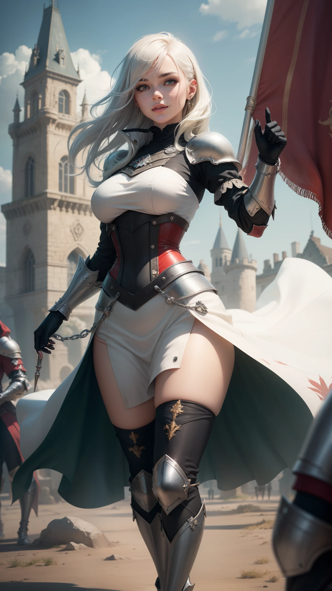 gwen tennyson,yorha 2b,yuna,claire farron,overwatch,warcraft,close up, castle siege battle,tattoos,ruby and white plugsuit,white short sleeve knight top,short sleeve knight full plate armor,long knight skirt,steel knight corset,knee long hair,queen makeup,green eyes,multicolored silver hair,long dress train,sexy smile, freckles,beautiful girl,silver thigh high boots,large breasts,8k,ultra detailed,realistic,fantasy art,steel knight uniform,queen gown dress,hair jewelry,ear piercings,ruby hand and neck jewelry,(weather:windy),1girl,long scarlet knight coat,battlefield,standing on top of a wall waving a war flag,